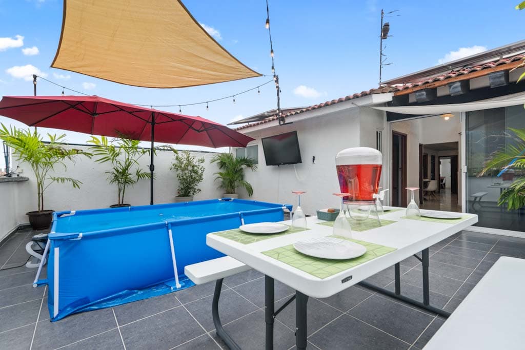 Terrace, outdoor dining, and private plunge pool at Aralias