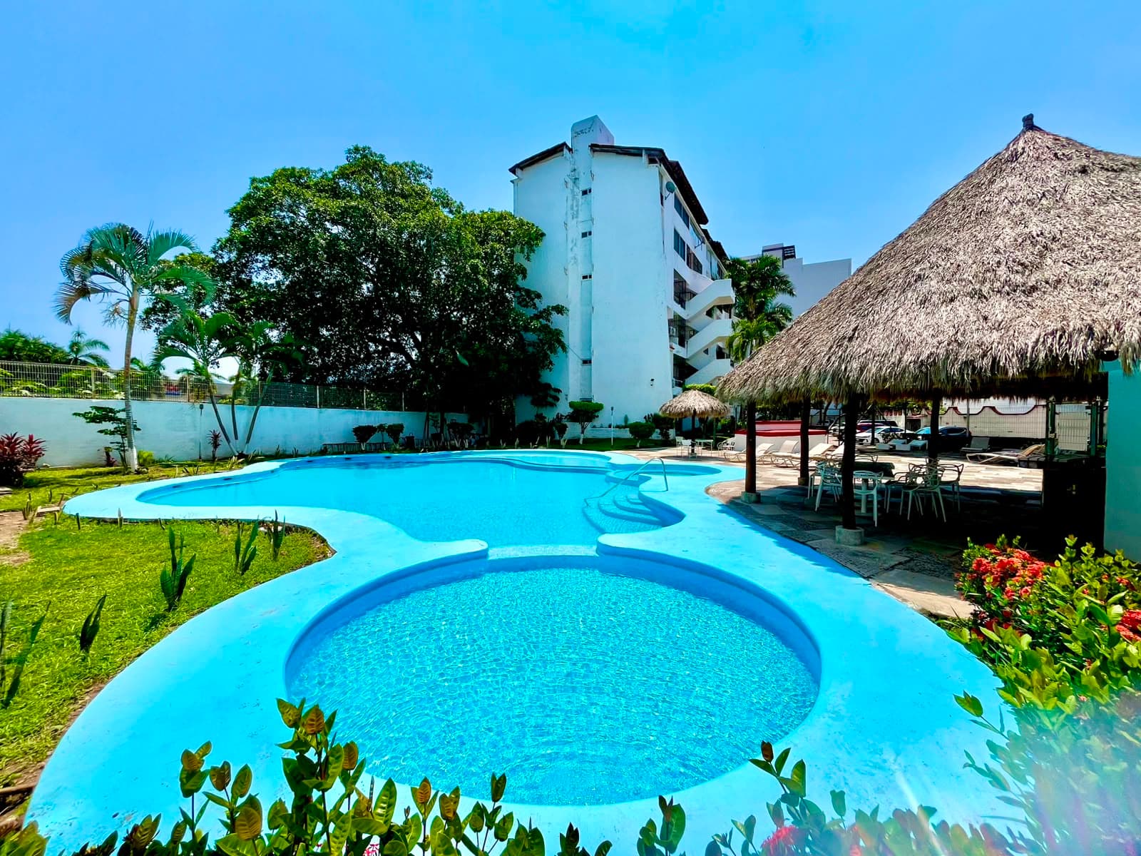 Wide shared pool view with vegetation and palapa at Mangos